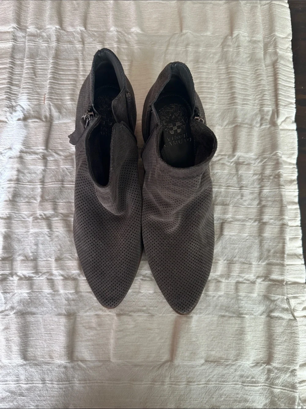 Vince Camuto Perforated Gray Suede Ankle Booties